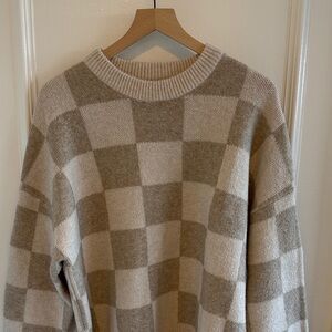 OAK + FORT Beige and Cream Checkerboard Crewneck Sweater